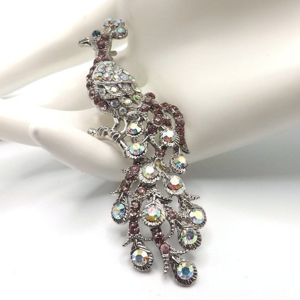 Peacock Aurora Borealis Rhinestone Brooch, Silver Tone, 3 1/8 Inches